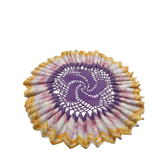 Vntg Crochet  Purple Yellow Doily Pleated Ruffled Table Place Mat Trivet Coaster - Picture 11 of 14